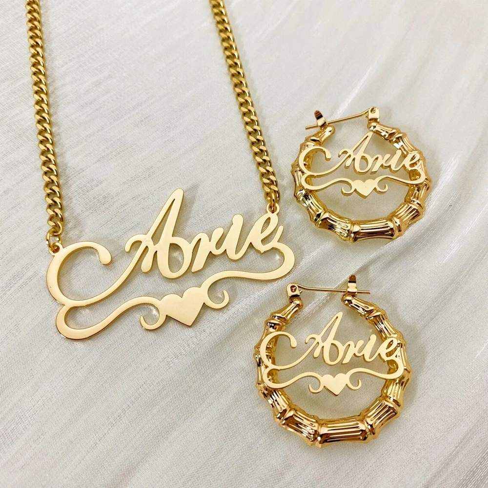 Atoztide Custom Name Necklace Bamboo Earring Jewelry Set For Women Men Personalized Stainless Steel Cuban Chain Birthday Gift