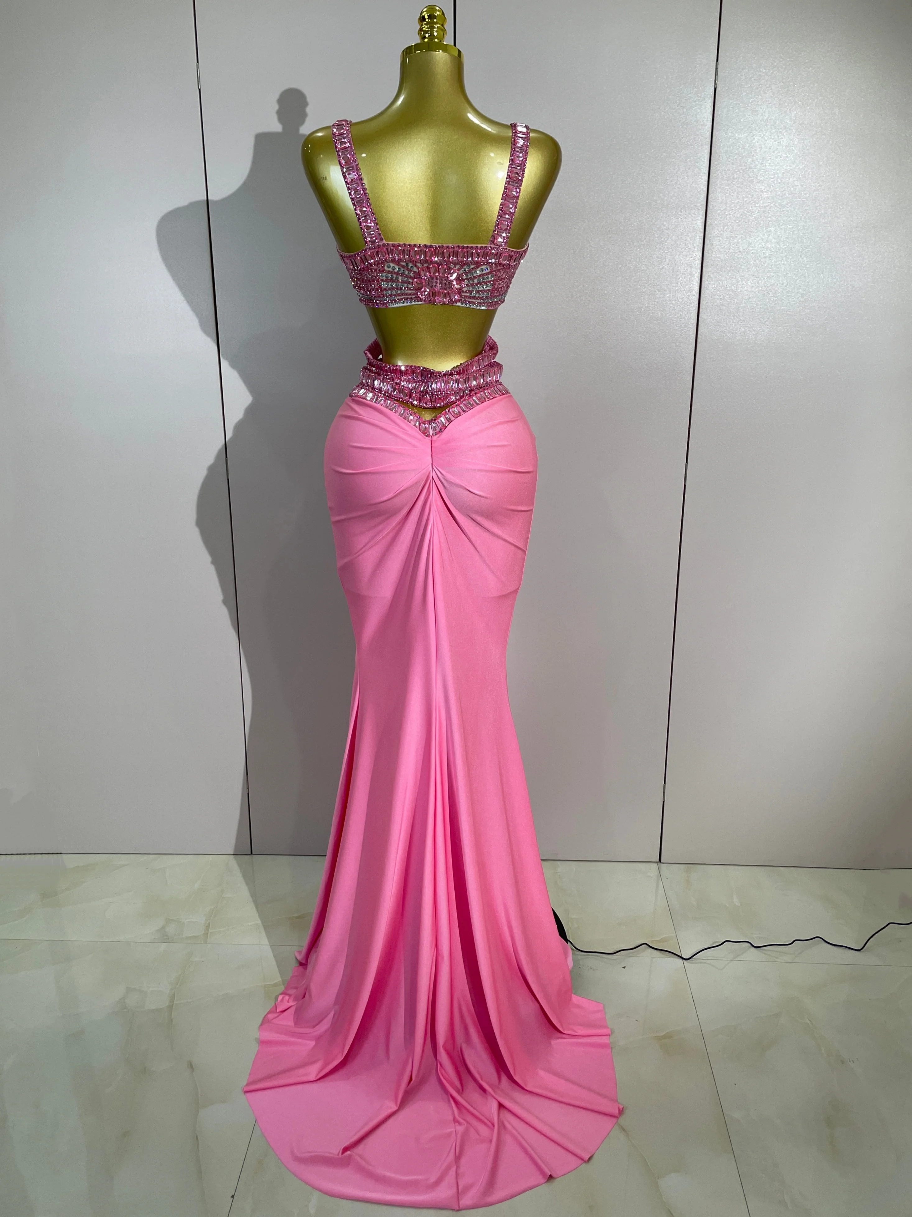 Luxury Sparkly Rhinestone Pink Sexy Sleeveless Long Dress Two Pieces Set Birthday Evening Party Nightclub Party Club Stage Wear - view 3