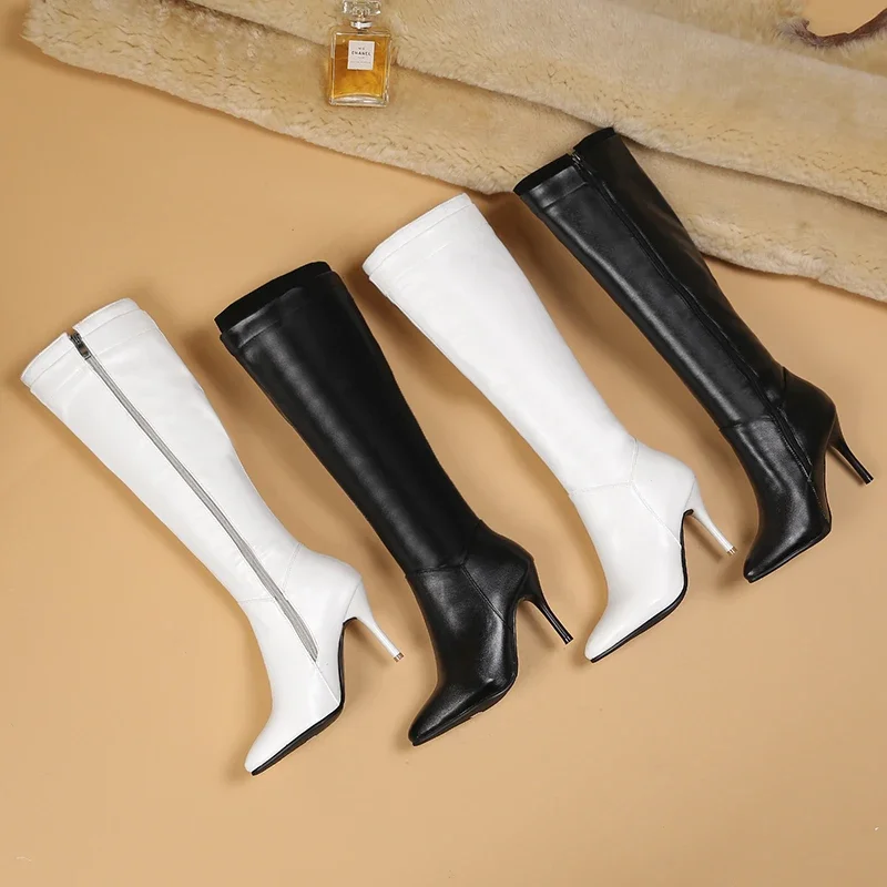 Autumn Winter Women Knee High Boots White Black High Thin Heel Club Dress Office Lady Pointed Toe Zipper Plush Long Riding Boots image 6