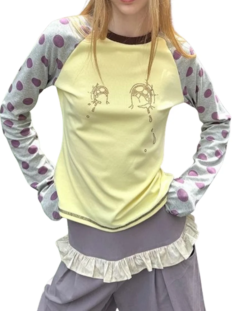 Vintage Streetwear 2000s Polka Dot Patchwork Graphic Punk T-Shirt Women Cloth Sweet Girl Y2k Subculture Aesthetic Tops Cutecore