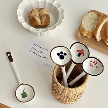 귀여운 세라믹 수프 스푼, 귀여운 한국 아이스크림, 핸드 페인트 디저트 스푼, 긴 손잡이가 달린 주방 식기 액세서리 선물