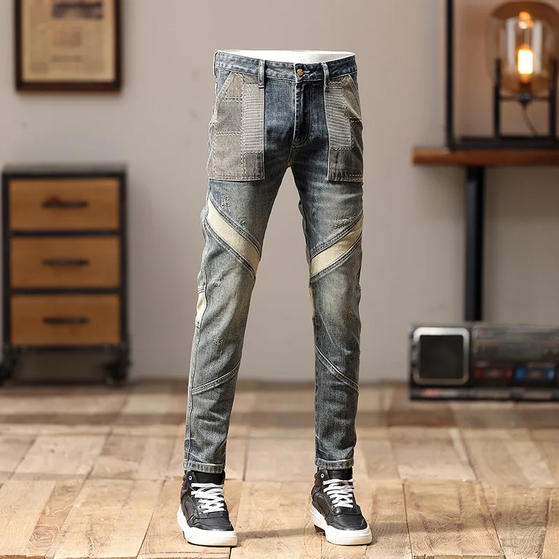 Jeans slim fit masculino, design de costura, moda de rua, homem bonito, casual, retro, stretch, moda