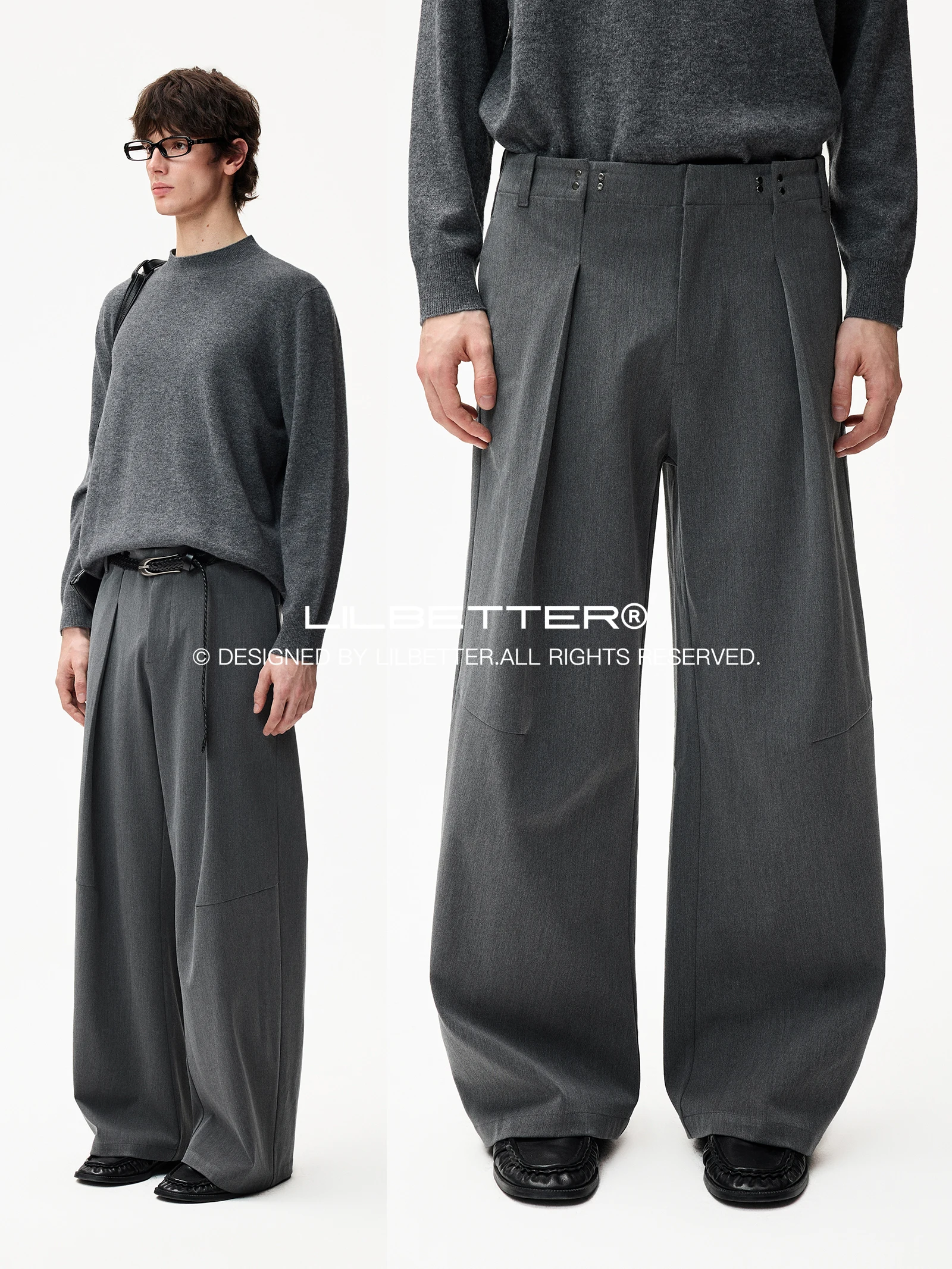 Lilbetter Heavyweight TR Pleated Wide Leg Casual Pants Anti-Wrinkle Loose Fit Grey Commute Leisure Long Trousers