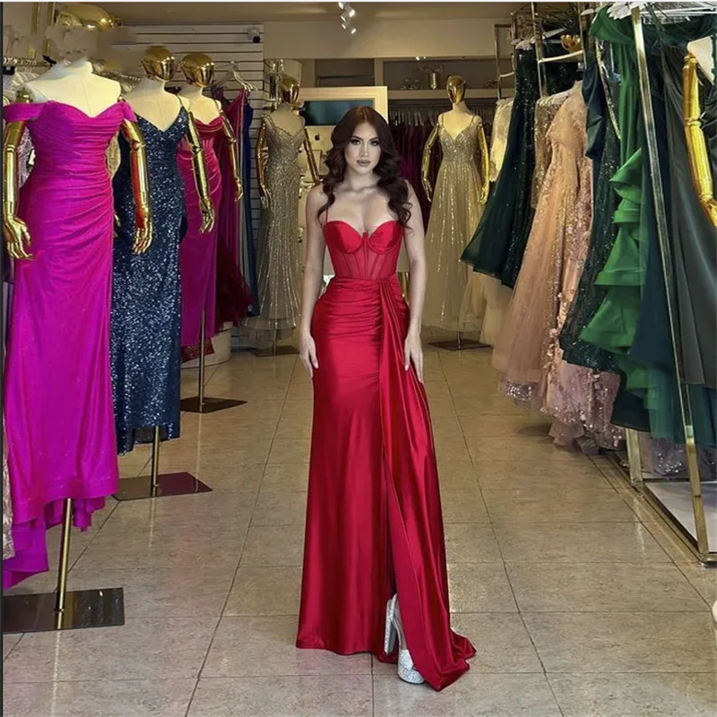 Rotes Schatz-Satin-Abendkleid, elegantes, seitlich geschlitztes Abendkleid, bodenlang, formelle Kleider, Vestidos De Fiesta, individuell gestaltet