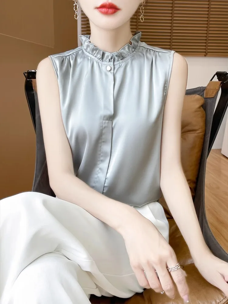 

Шелковый жилет с высоким воротником и кружевной отделкой, женский свободный жилет для внутренней одежды, летний топ для поездок на работу, прямой крой, длинный