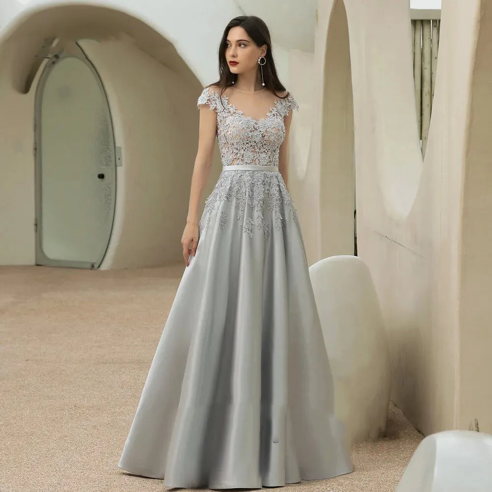 A-Line Sliver Long Evening Dress Cap Sleeves Floor Length See Through Top Vintage Prom Dresses 2023 Luxury GownsCL-386