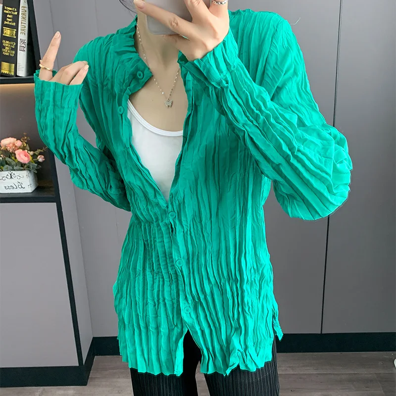 

Miyake Pleated Women Cardigan Autumn Outfit Handmade Pleated Jacket Long Sleeved Loose Commuting Fashion Versatile Outerwear