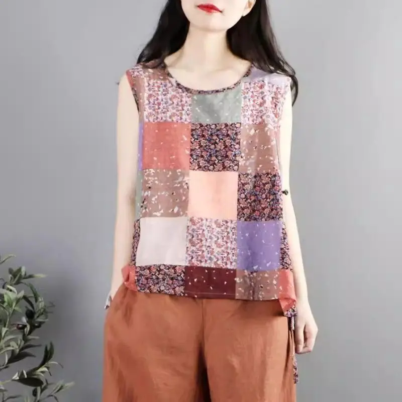 2025 レトロカラーブロッキングノースリーブベスト女性夏ルーズトップ