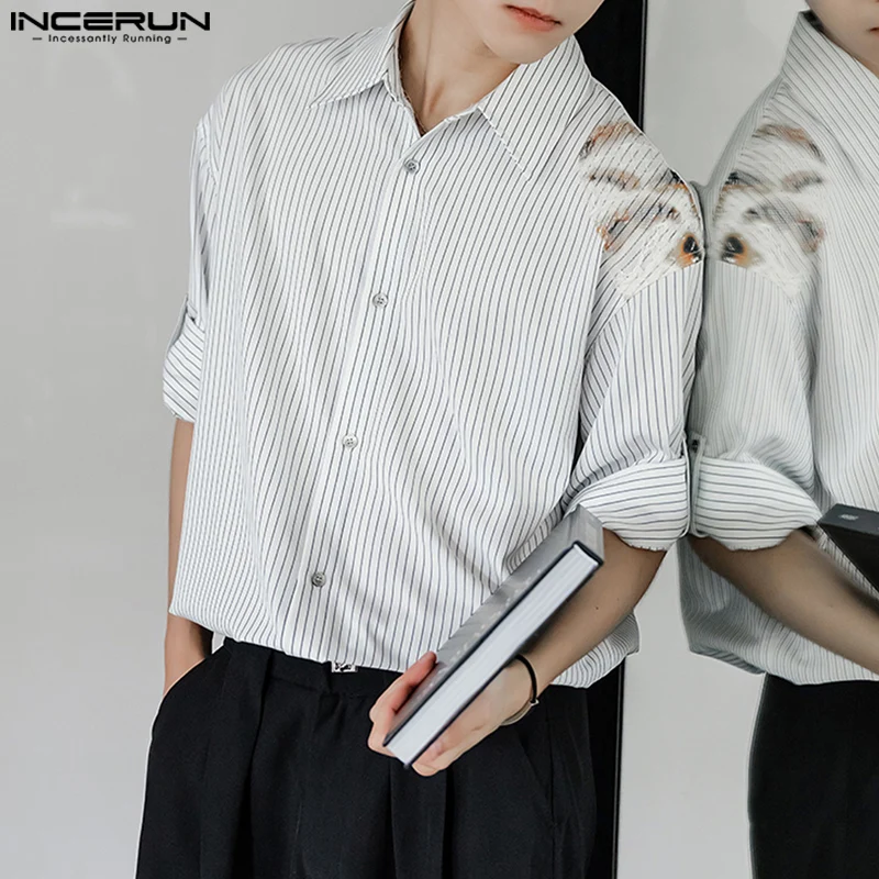 

INCERUN Men Shirt Striped Lace Patchwork Lapel Half Sleeve Loose Men Clothing Streetwear 2025 Korean Style Fashion Casual Tops