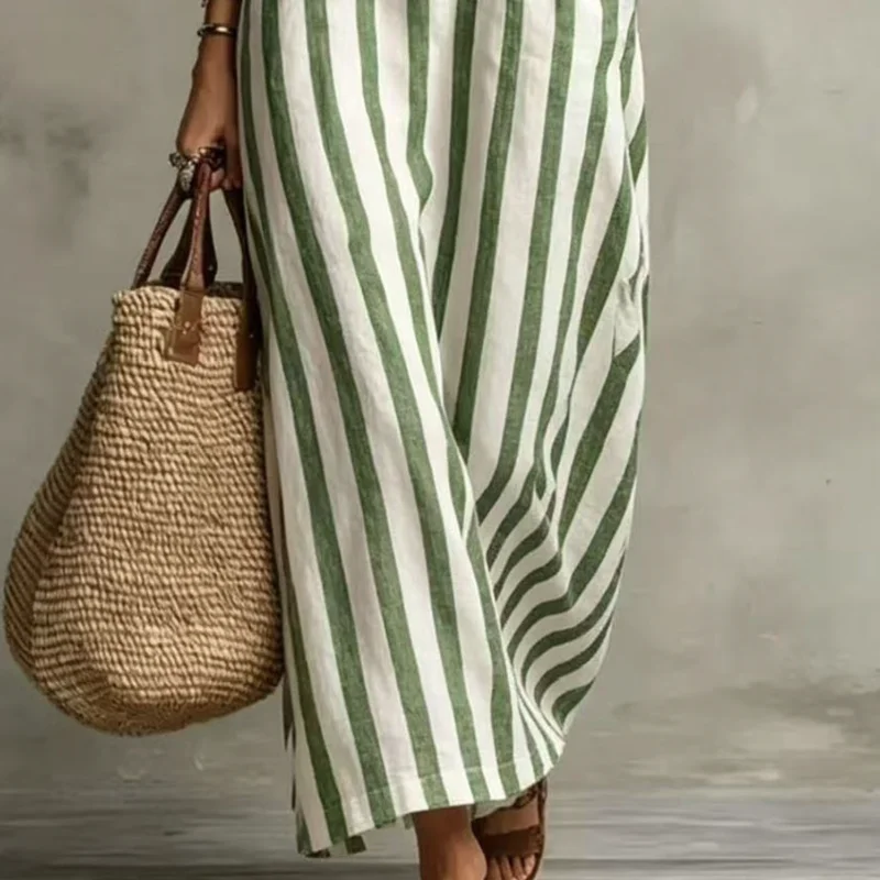Damen Gestreiftes Baumwoll-Leinen Romantisches Rüschen-Ausschnitt Maxikleid V-Ausschnitt Langes Kleid Boho Strand Fließendes Sommerkleid mit Taschen