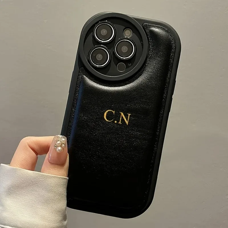 

Retro Simple Personalised Customized Initials Gold Leather Phone Case For iPhone 15 14 13 12 Pro Max 11 Shockproof Bumper Cover