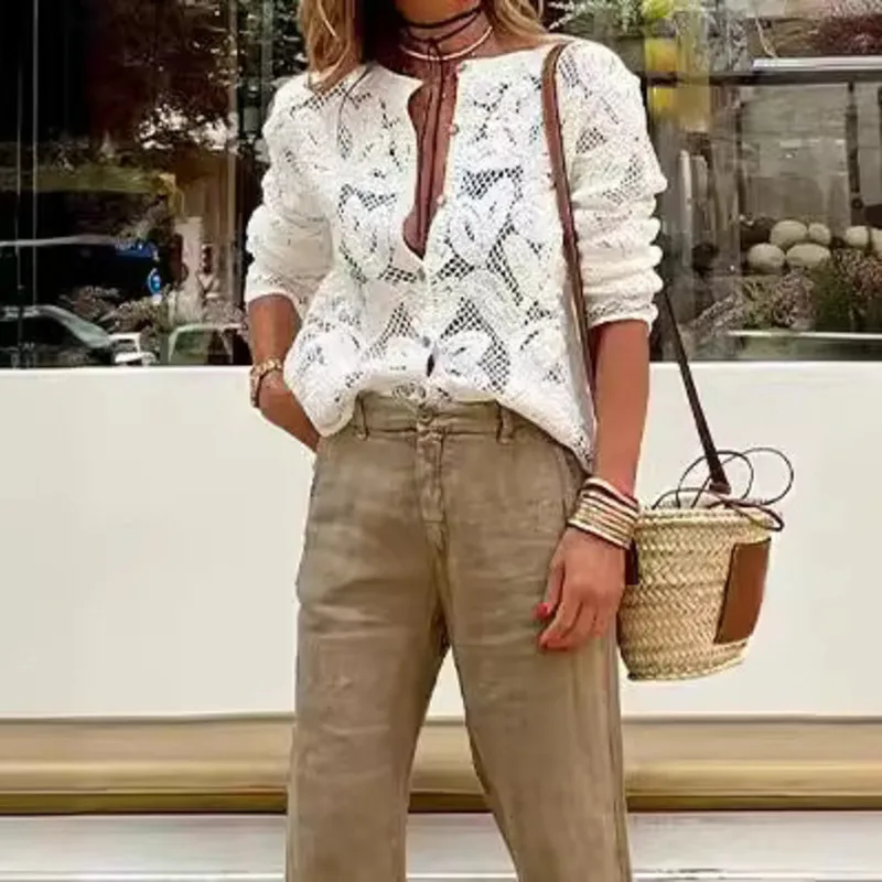 

New Round Neck Lace-Up Long Sleeve Blouse Single Row Multi-Button Loose Casual Style European And American Fashion Trend