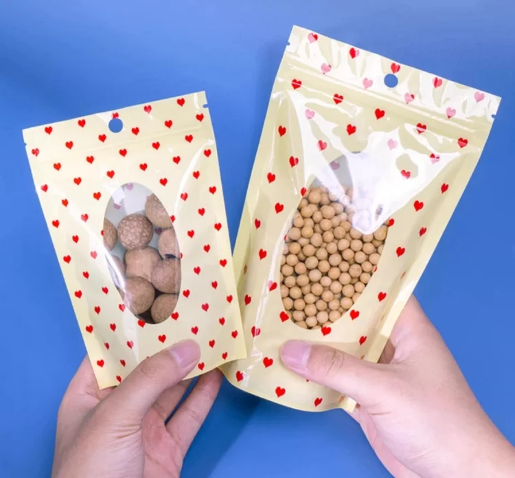 100PCS Stand-up Plastic Heart Ziplock Packaging Bag DIY Logo Matcha Coffee Cocoa Candy Sugar Dates Window Gift Storage Pouches