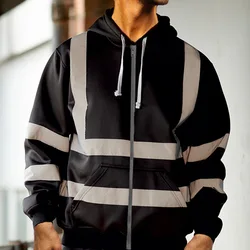 Men's Safety Work Clothes Reflective Striped Sweatshirt, Sanitation Work Clothes, Fleece Color Matching Zipper Sweatshirt