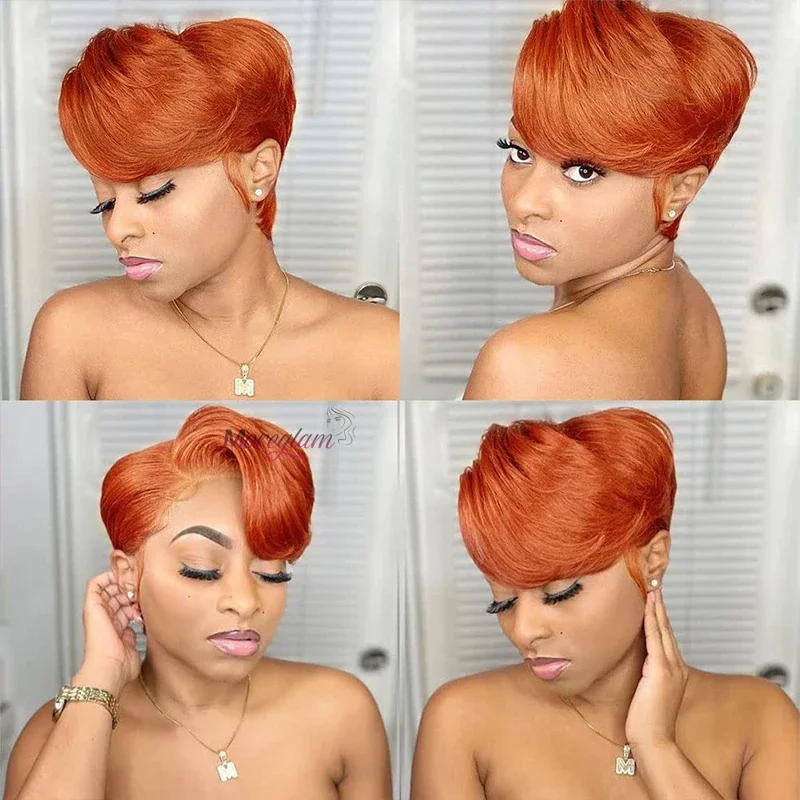 # 350 Pixie Cut Echthaarperücken, orangefarbene Perücke, 13x4 Spitzenperücke, rote, glatte, kurze Echthaarperücken, Echthaarperücke ohne Klebstoff – Detail 1