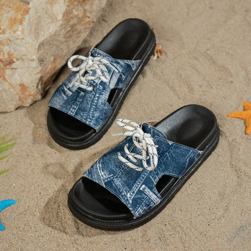 Slippers Summer New Round Toe Open Toe Denim Lace-Up Platform Versatile Flip-Flops view 4