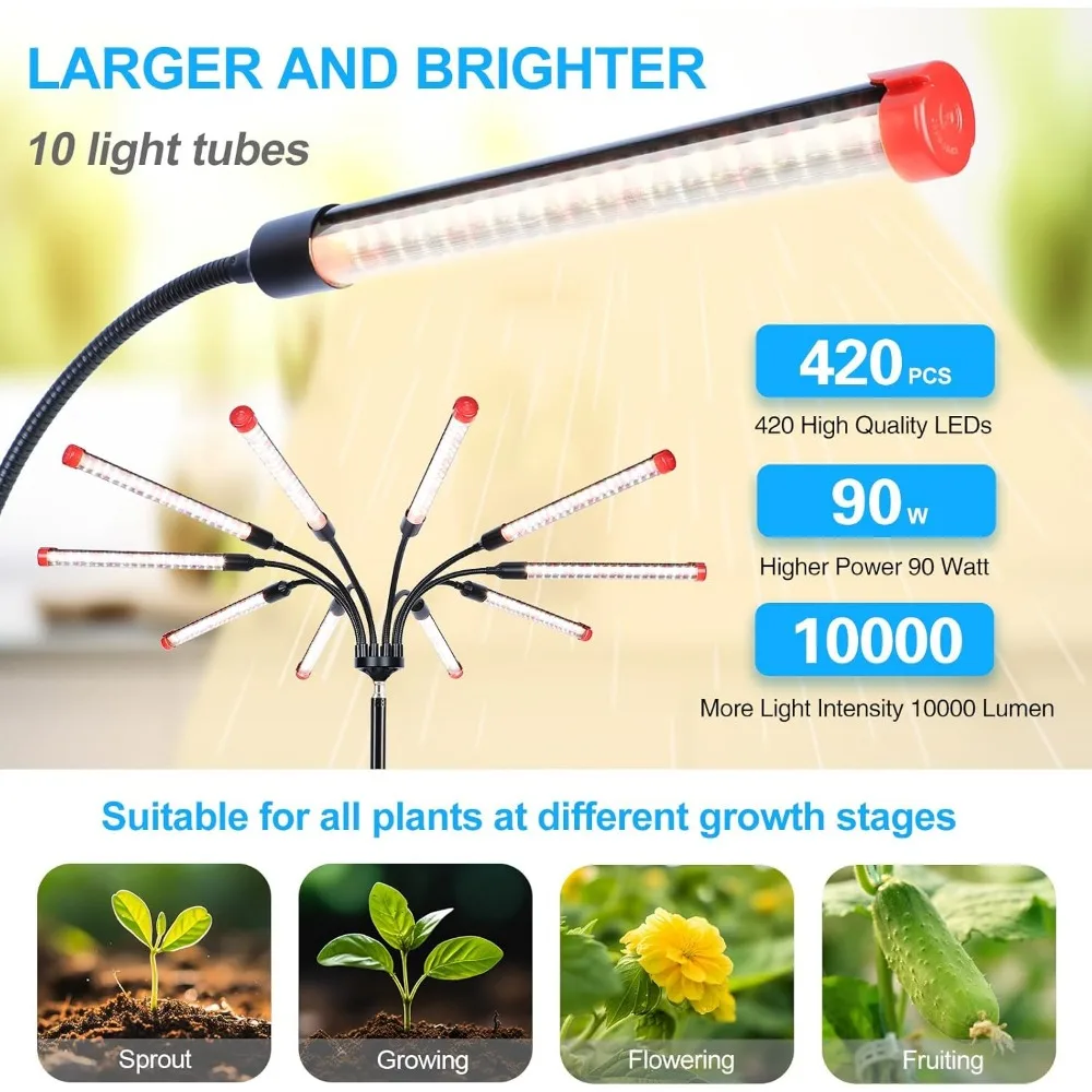 نظام إضاءة LED للنمو بقدرة 90 وات للنباتات الداخلية، حامل متضمن، مؤقت، مثالي للنباتات المنزلية الطويلة ونمو البونساي #2