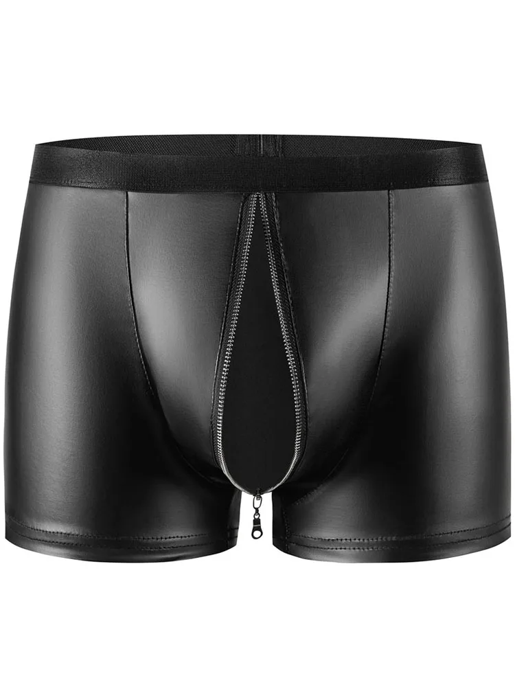 S-5XL Zipper Open Crotch Boxer Shorts Faux PU Leather Convex Pouch Mens Boxershorts Calzoncillos Swimming Trunks Sexy Unerwear