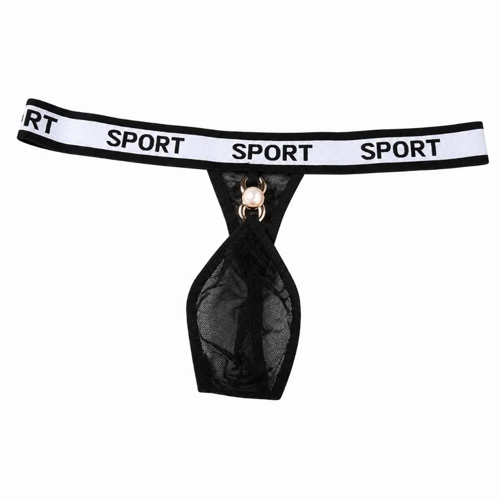 Comfortable Low Waist Men Pearl Thongs Underpants Thin Strap Star Mesh Panties Solid Color T-back Male Briefs Summer