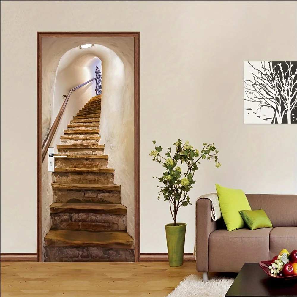 1 pair of abstract staircase design self-adhesive door stickers, suitable for home office staircase decoration style