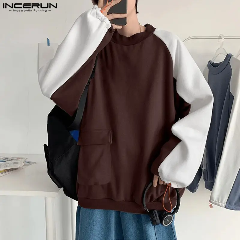 INCERUN Tops 2024 Fashion New Men Contrast Color Splicing Pullover Male Pocket Shoulder Long Sleeved Pullover Sweatshirts S-5XL