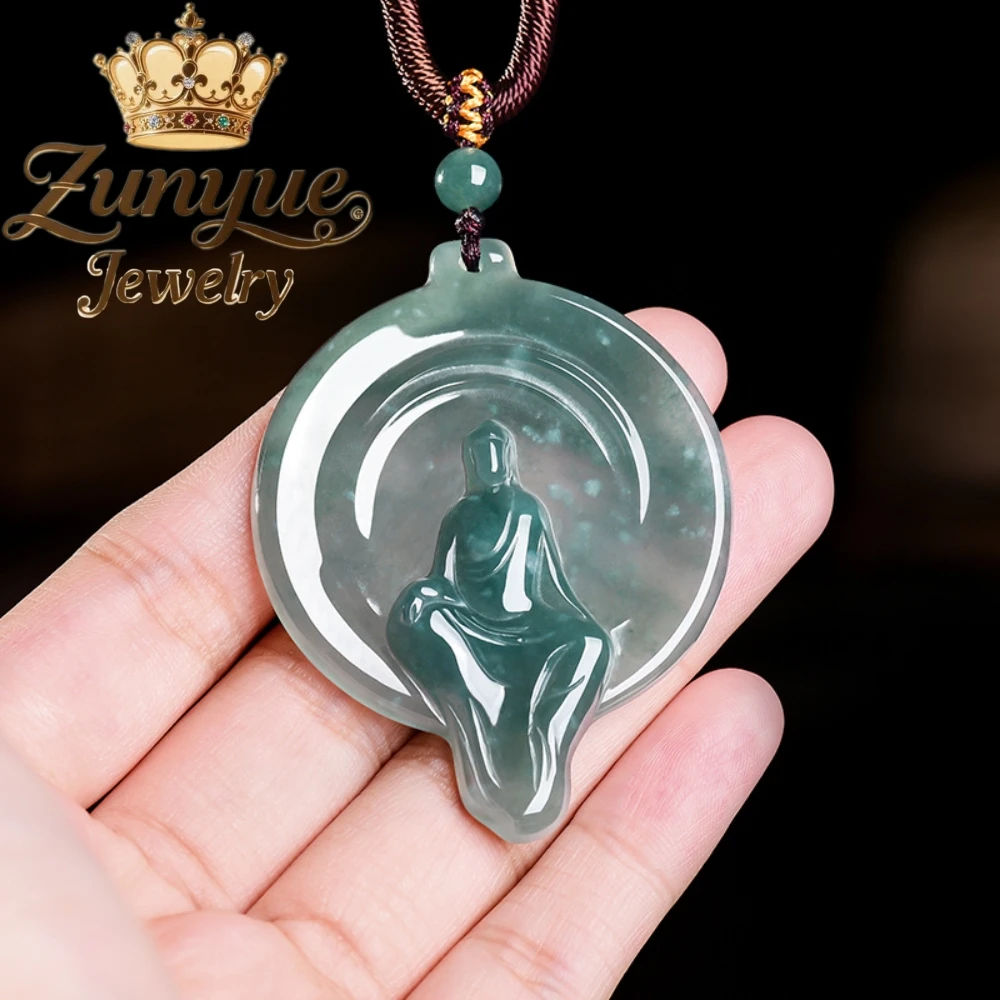 Genuine Natural Grade A Icy Blue Water Jadeite Pendant Faceless Buddha Meditation Carving Peace Necklace Unisex Jewelry Gift