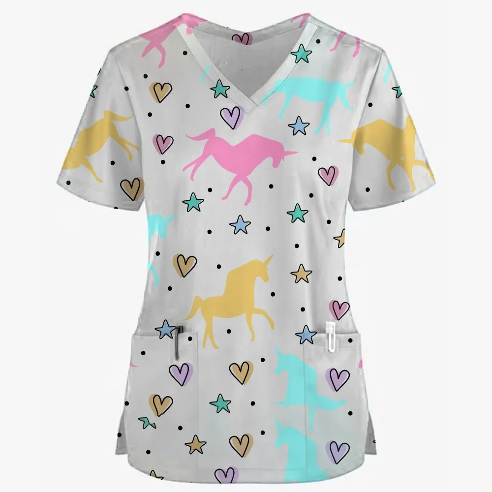 Klinische Uniform Frau Niedlicher Tier-Cartoon-Druck Mode V-Ausschnitt Chirurgische Uniformen Kurzarm Patch Pocket Top Medizinische Kleidung