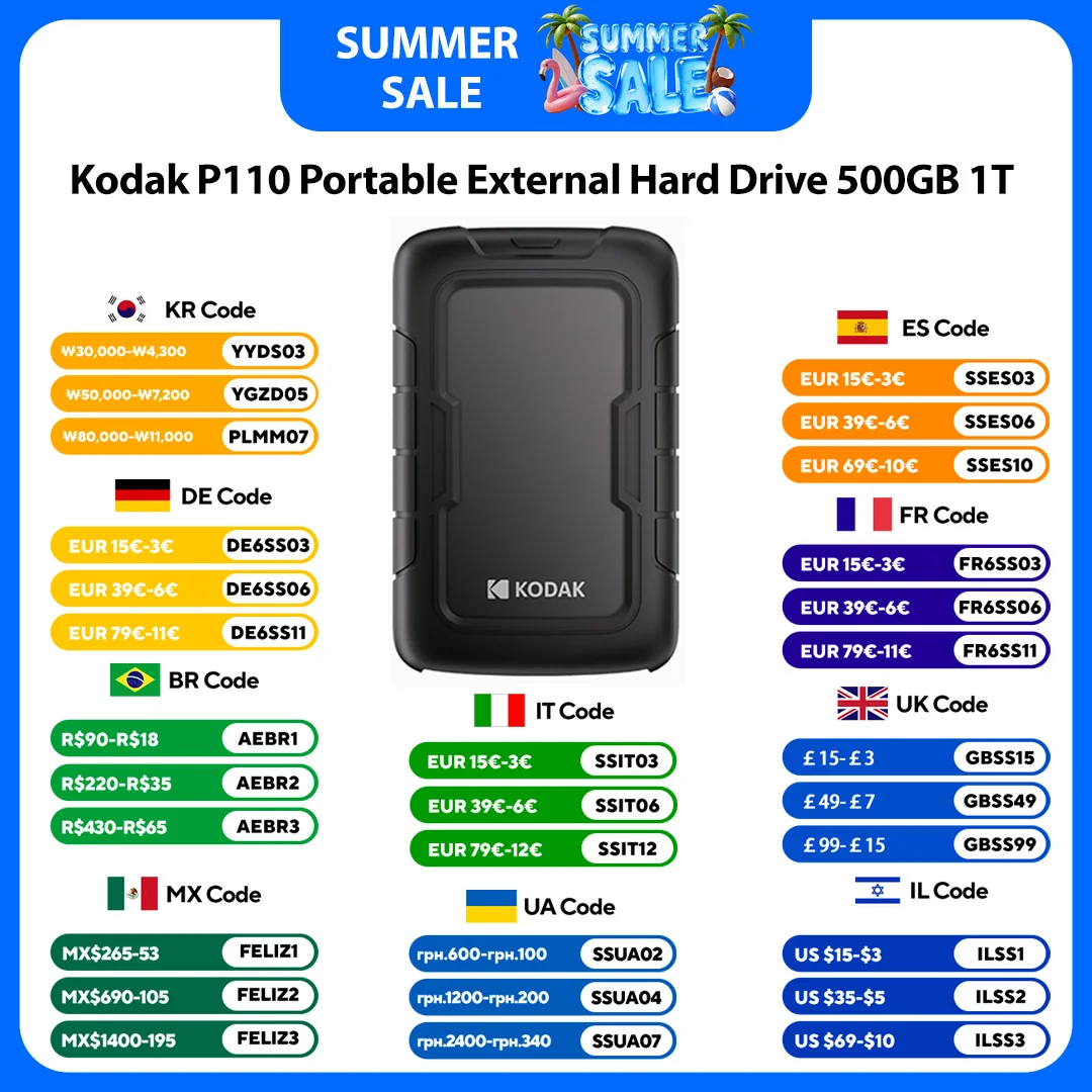 Disque dur externe portable Kodak P110 500 Go 1 To 2 To USB 3.0 léger PHDD avec étui de protection en silicone pour PC, tablettes, PS5