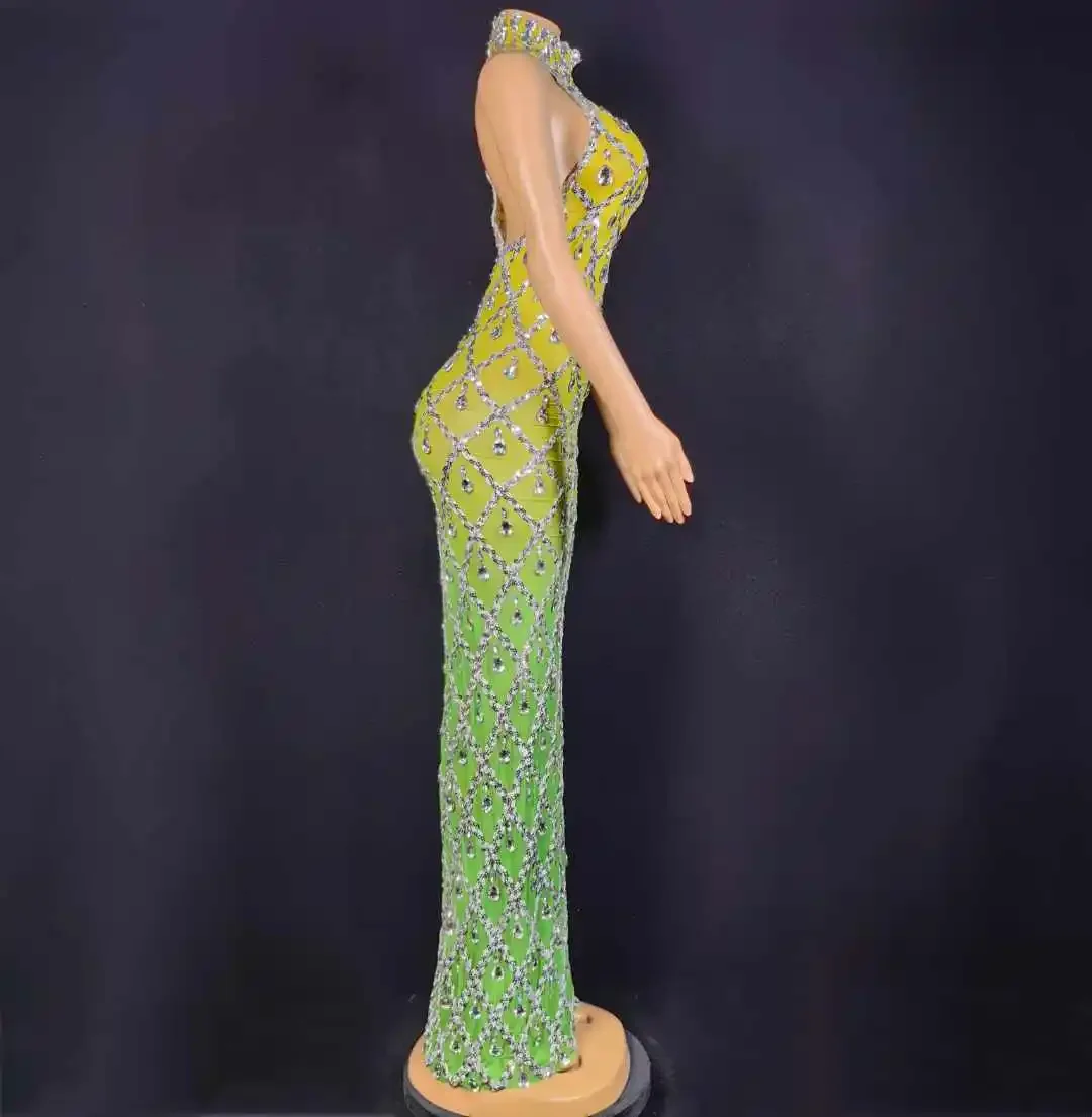 Seksowna długa sukienka bez rękawów dla kobiet, wysoki kołnierz, kryształy, cyrkonie, elastyczna, dla piosenkarki, klubowa, balowa, bogini, błyszcząca, urodzinowa królowa.