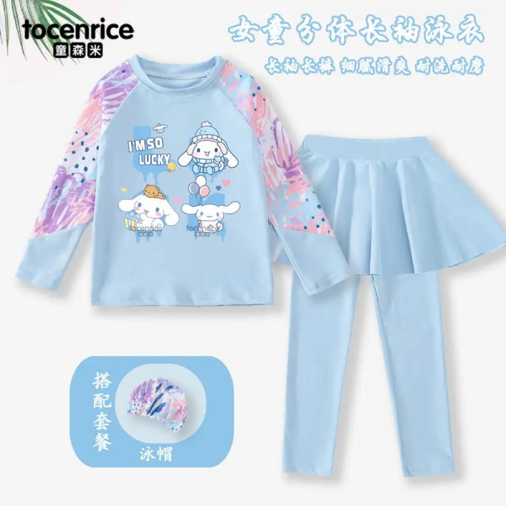 

Sanrio Cinnamoroll Girls Swimsuit Long Sleeve Long Trousers Split Kulomi Children Quick-Drying Sun Protection Swimsuit