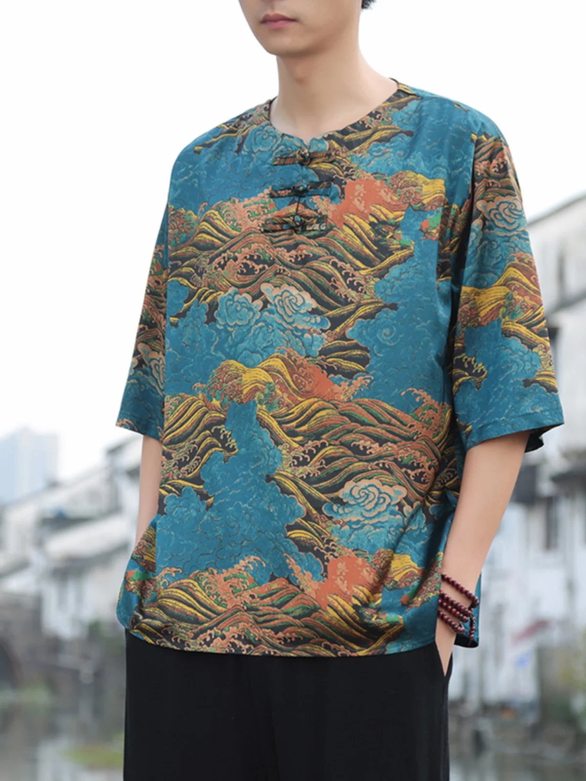 

Loose Fit Ice Silk ort Sve T-irt Men's Summer Printed f Sve Youth Faion Thin Traditional Chinese Sle Top