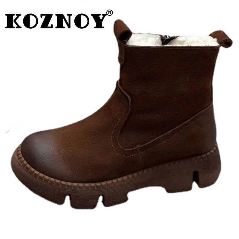 

Koznoy 4cm Cow Suede Genuine Leather Fur Booties Spring Winter Plush Women ZIP Autumn Wedge Ankle Rubber Comfy Loafer Warm Shoes