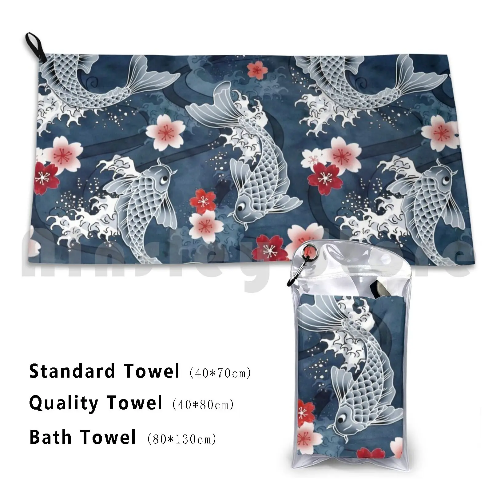 

Koi Sakura Blossom In Blue Beach Towel Quick Dry Quality Towel Adenaj Cherry Blossom Flower Floral Japanese Asian Fish