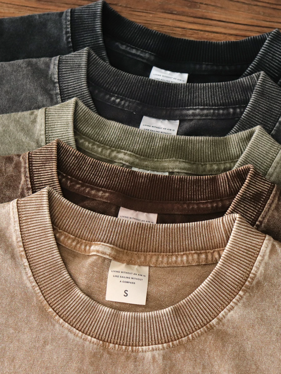 Heavyweight Wax Dyed Long Sve round Ne Cotton T-irt Vintage American Sle Loose Fit Casual Tee for Men Autumn Wear
