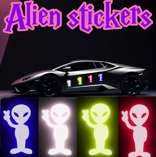 2 Packs - Neon-Colored Reflective Safety Stickers with Fun Alien Designs - Suitable for Cars, Bicycles, Motorcycles, Backpacks - Night Visibility Decals, Durable Adhesive, Long-Lasting Reflection, Ideal for Car Owners