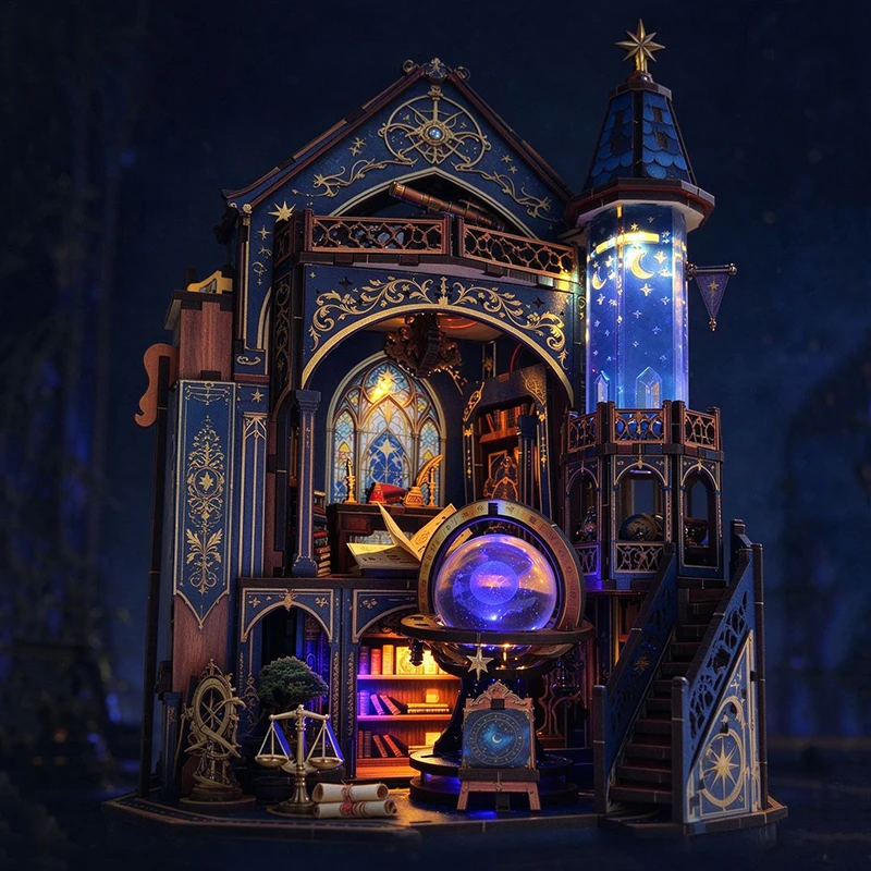 DIY 3D Wooden Gothic Stellar Observatory Book Nook Mini Casa Jigsaw Puzzles Miniature Model Kits for Friends Birthday Xmas Gifts