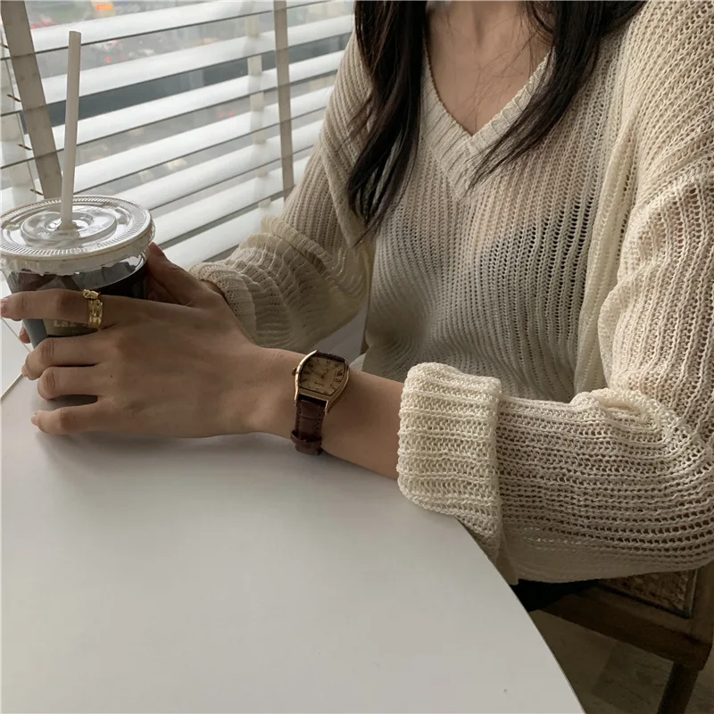 

Женские наручные часы: маленькие, коричневые, винтажные, с кожаным ремешком, черные кварцевые часы, Reloj Mujer