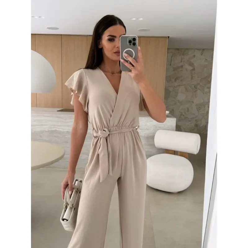 Tutina lunga elegante tinta unita moda donna sexy scollo a V manica corta tuta dritta tuta con lacci a vita alta