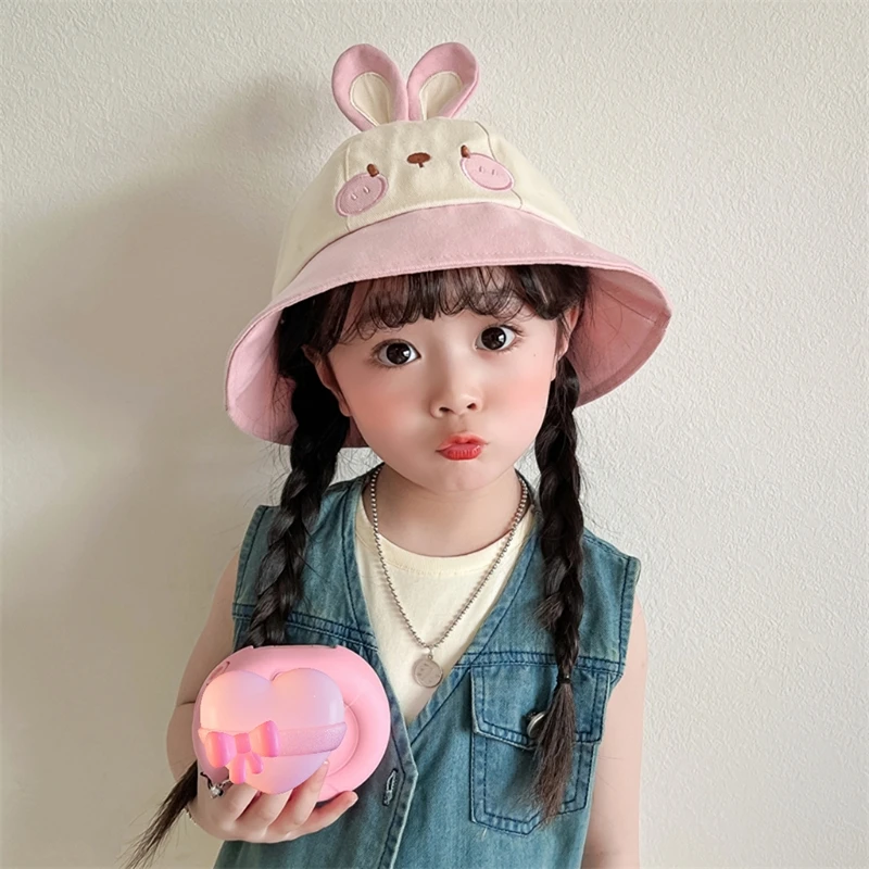 Summer Cotton Kids Sun Hat Children Outdoor Rabbit Ear Beach Caps Boy Girl Panama Hat Unisex Beach Bucket Hats Bunny Hat 3-8Y