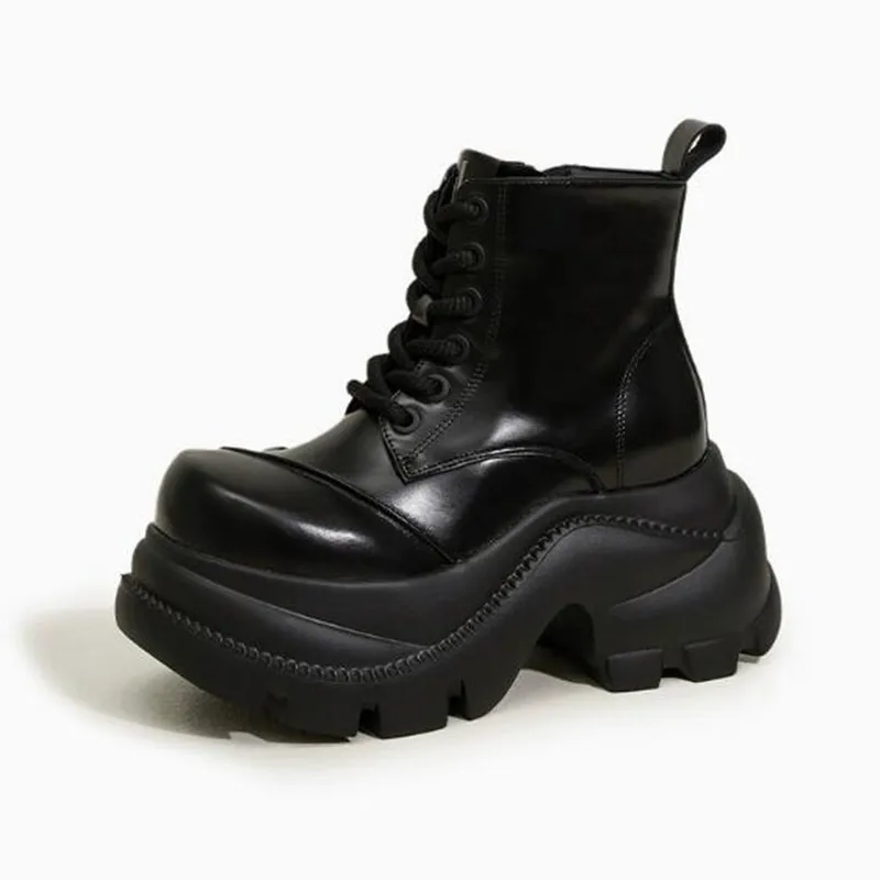 

New Autumn Winter Women Ankle Boots Lace-up Thick Platform Leather Motorcycle Shoes Gothic Style High Heels Women's Short Boots