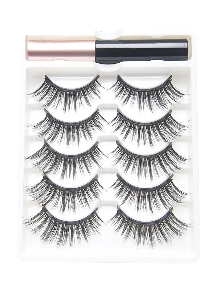 5 Pairs Magnetic Eyelashes Full Strip Natural Cilia Liquid Magnet Eyeliner No Glue Needed Easy Wear Eyelash Extension Tool