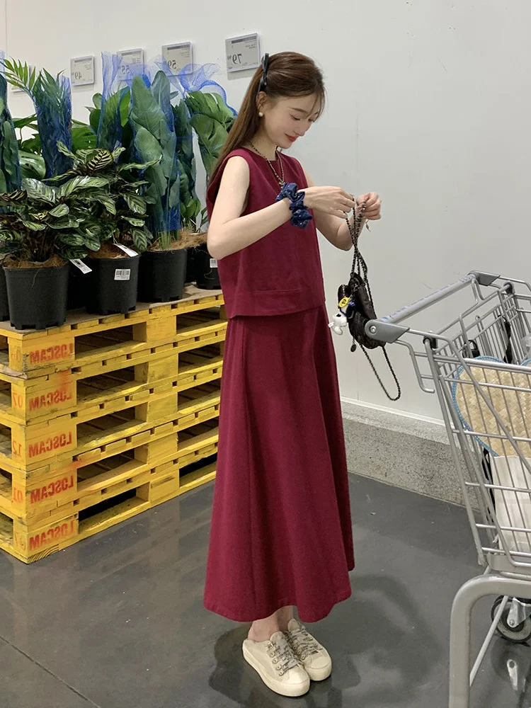 

Комплект из юбки и топа больших размеров в корейском стиле, модный, винно-красный, с завышенной талией, для женщин, летний повседневный наряд