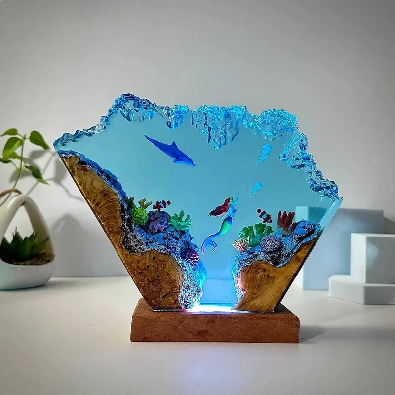 Dolphin Resin Lamp Art Decorative Night Light Wood Base Home Decor