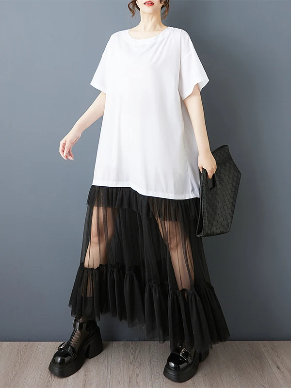 Tannt femmes robe mode maille Patchwork irrégulière t-shirt robes asymétrie noir décontracté longue été t-shirt robes pour les femmes