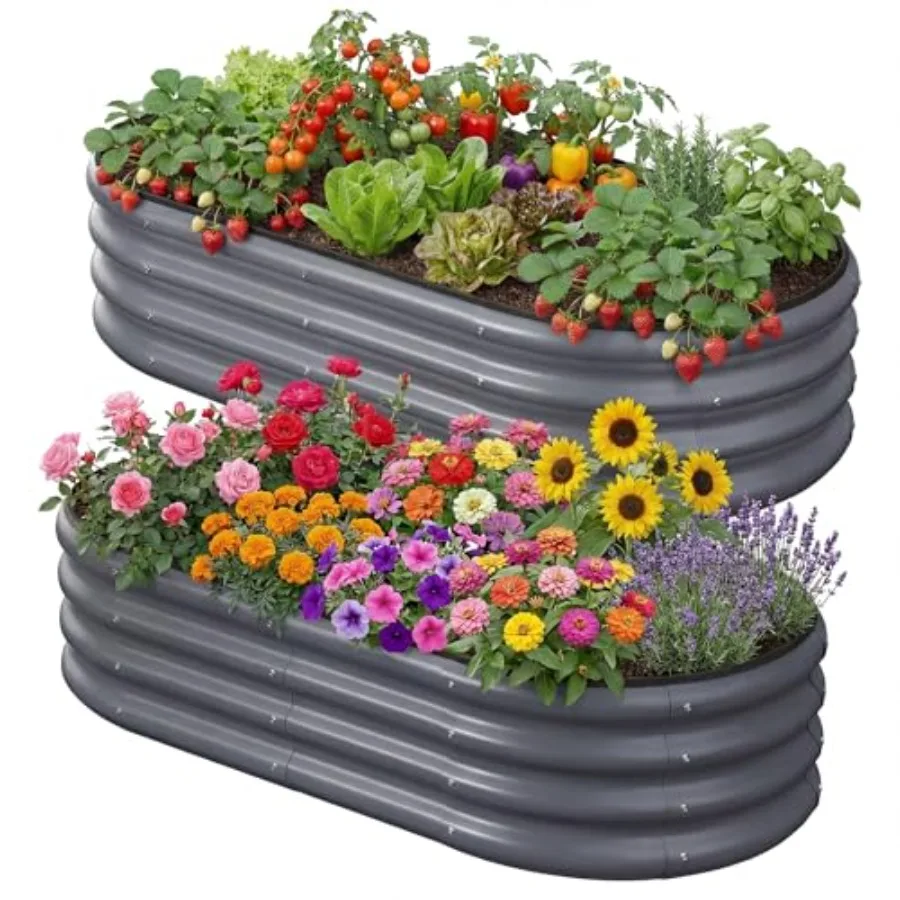 

2PCS 4x2x1 Feet Oval Metal Raised Garden Bed Kit, Elevated Garden Planter Box Outdoor, Trough Planter for Outdoor Plants, Flowe