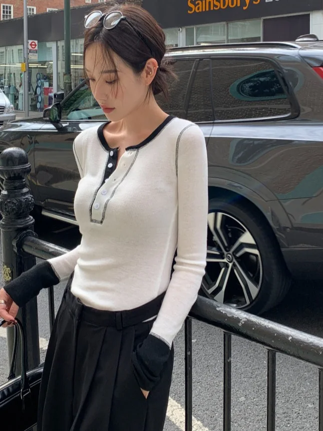 Autumn Winter New Sle Women's Slim Fit Knitted Sweater Long Sve round Ne Color Blo Design Chic Body a Top