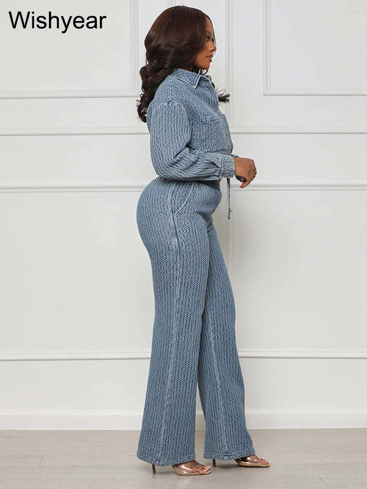 Elegant Denim Two Piece Set Women Long Sleeve Buttons Drawstring Jackets Crop Top Wide Leg Pants Jeans Suits Streetwear Outfit