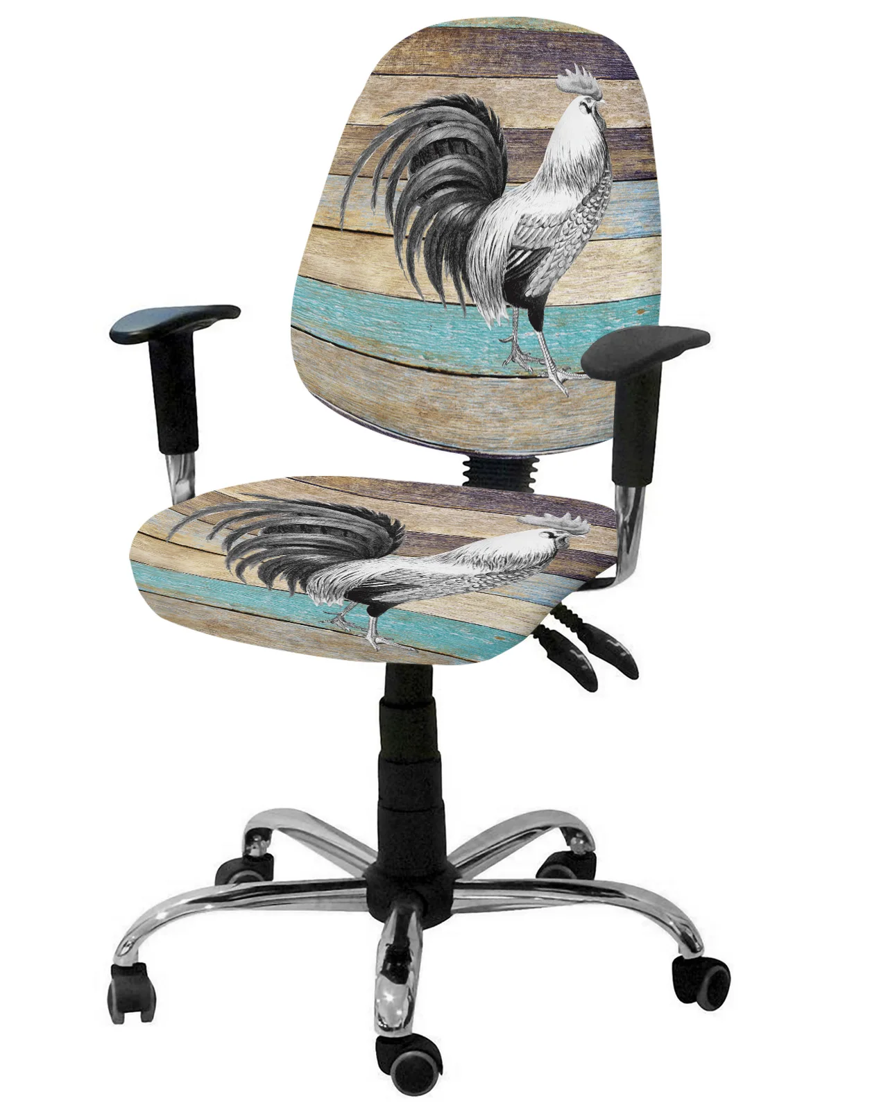 Farm Animal Rooster Wood Grain Elastic Armchair Computer Chair Cover Stretch Removable Office Chair Slipcover Split Seat Covers