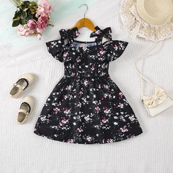 Summer Girls' Black Fragmented Flowers Refreshing and Cute Casual Strap Dress