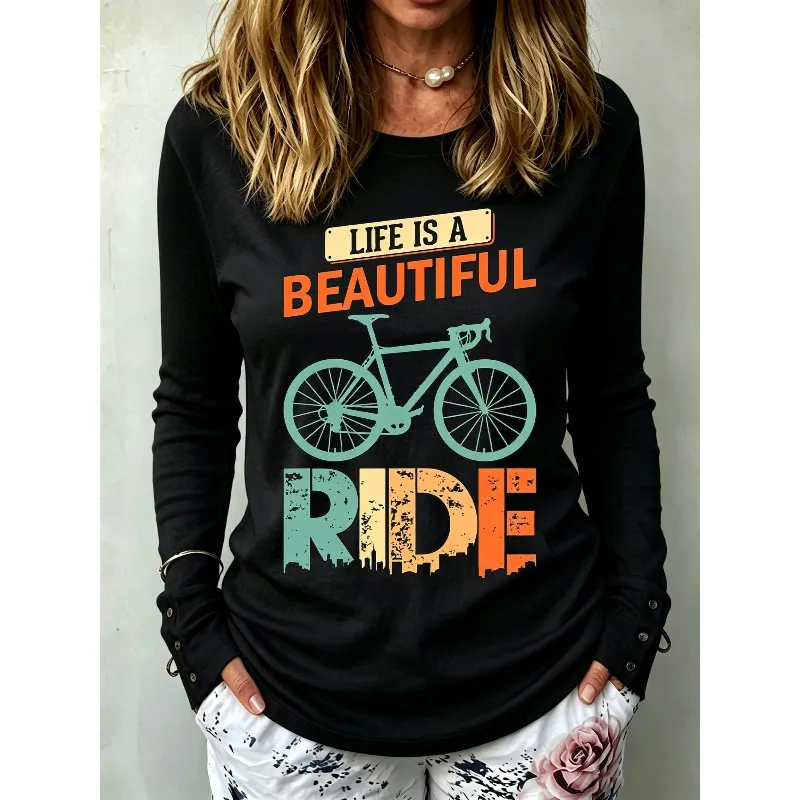 ilstile Women's Ride Bike Print T-Shirts Autumn Long Sleeve Slim Fit T Shirt Casual Round Neck Tops Tees Black New Arrival